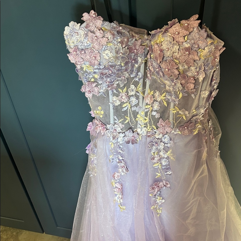 Floral Strapless Gown in Lavender and Yellow